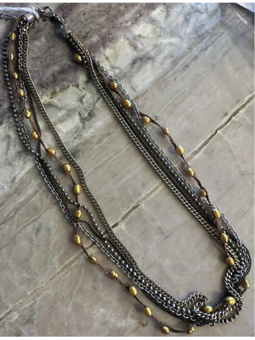 Vtg Premier Designs 5 Strand SilverTne GunMtl Chains Gold FW Pearl Bead Necklace